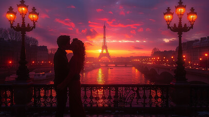 Fototapeta premium Eine romantische Szene in Paris, ein sich küssendes Paar auf einer Brücke bei Sonnenuntergang, im Hintergrund mit dem Eiffelturm.