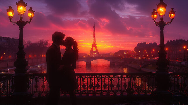 Eine romantische Szene in Paris, ein sich k&uuml;ssendes Paar auf einer Br&uuml;cke bei Sonnenuntergang, im Hintergrund mit dem Eiffelturm.
