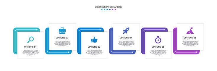 Horizontal progress bar featuring 6 arrow-shaped elements, symbolizing the six stages of business strategy and progression. Clean timeline infographic design template. Vector for presentation