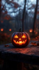 Glowing jack-o'-lantern on wooden table