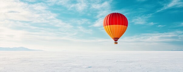 Fototapeta premium Hot air balloon over snowy landscape, vivid
