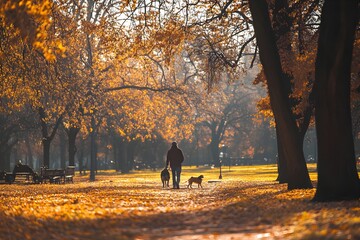 Autumn Stroll Through a Vibrant Park with a Person and Their Loyal Companion