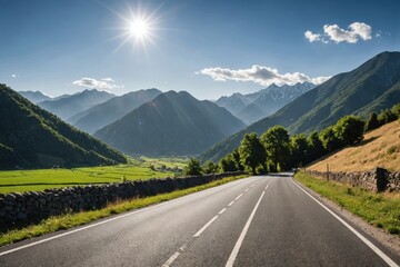 Naklejka premium Perspective view of rural road among range of mountains in bright sunlight.