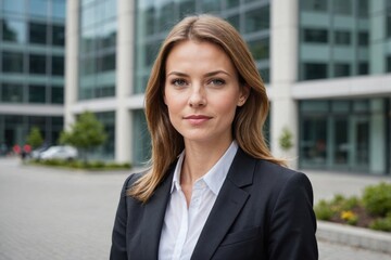Portrait of confident young caucasian Businesswoman against office background