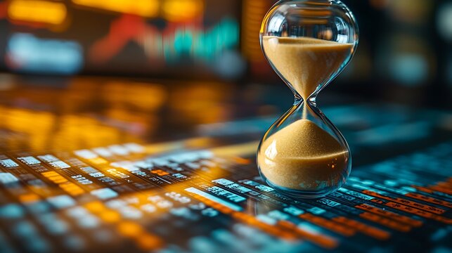 An hourglass on financial documents, the sand flowing as a metaphor for time-sensitive market movements.