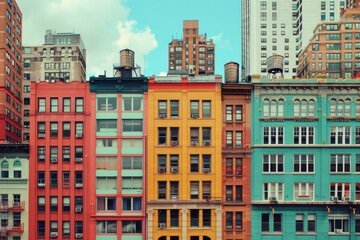 Fototapeta premium Diverse collection of buildings with numerous windows and balconies in an urban setting, The diversity of architectural styles and colors that make up the city skyline