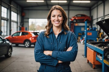 Portrait confident smiling female auto mechanic against garage background