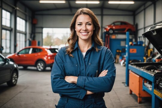 Portrait confident smiling female auto mechanic against garage background