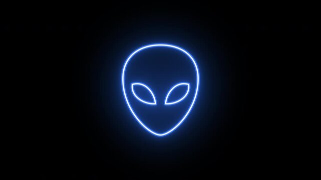 Neon martian head animation, flickering emergence and fading. Glowing neon ufo alien icon, looped animation. Space alien face, extraterrestrial, martian emoji, humanoid. Violet, blue, azure colors