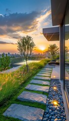 Obraz premium Urban oasis rooftop garden overlooking city skyline, ideal for text placement on the right
