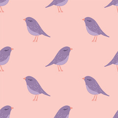 seamless vector pattern with cute purple sparrow birds, great for fabric, kids textile, backgrounds