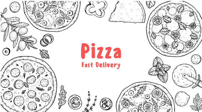 Hand drawn set of pizza. Italian pizza design template. Vector illustration