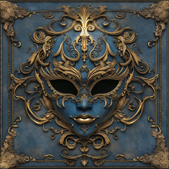 Elegant Blue and Gold Masquerade Mask Tile with Ornate Baroque Details