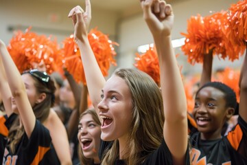 A group of cheerleaders energetically cheering in a gym during a pep rally, The energetic atmosphere of a pep rally in the gymnasium, with students cheering and waving pom-poms
