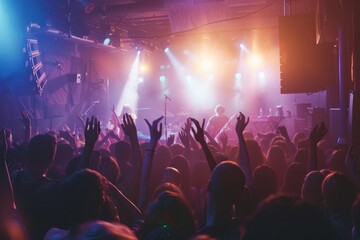 A man standing in front of a large group of people, giving a lecture in a packed lecture hall, The energy in the room is electric, as everyone is swept up in the euphoria of live music