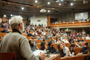 Crowd gathered in a bustling auditorium, focused on a movie screening, The energy of a lecture hall full of eager learners