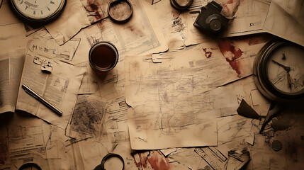 Vintage true crime background with Exploration Journal and Mapping Equipment