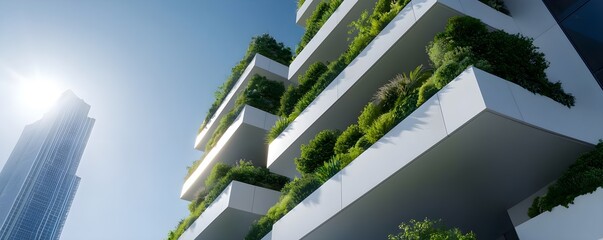 Obraz premium A modern building with green terraces, showcasing a blend of nature and architecture under a bright sky.
