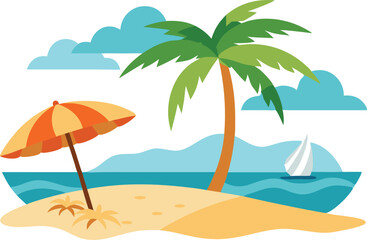 Relaxing beach with two umbrellas, palm trees, and distant sailboat on calm waters, perfect summer holiday vibe