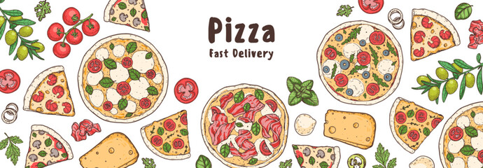 Hand drawn set of pizza. Italian pizza design template. Vector illustration