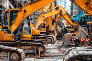 A man in a suit closely inspects data on a computer screen, The evolution of construction machinery and tools