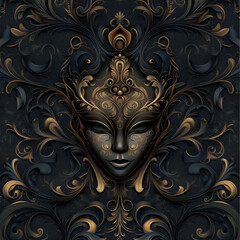 Gold and Blue Ornate Mask with Intricate Floral Pattern