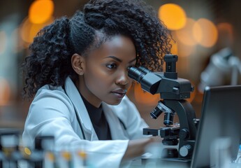 A black woman in a white lab coat examining samples through a microscope while working on a laptop in a modern laboratory environment