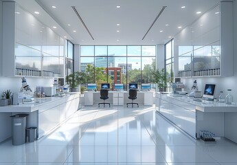 Modern laboratory interior with white cabinets, high ceilings, large windows, and electronic equipment showcasing scientific workspaces