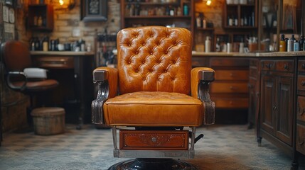 Brown leather chair in barbershop interior