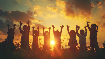 Silhouette of a refugee child group playing at sunset, with raised hands in worship, representing hope, freedom, faith, and praise