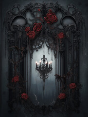 Dark Gothic Mirror with Red Roses and Hanging Chandelier