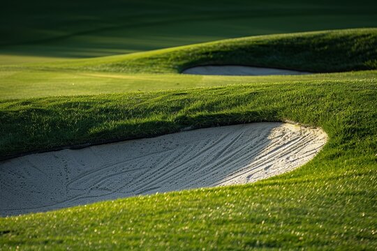 A golf green with a hole in the middle, showcasing the precision required in the sport, The geometric precision of a sand trap nestled among the greens