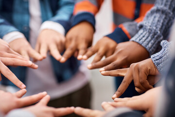 Children, students and peace sign at school, circle and together for support in education. Kids, friendship and united in safety or security in learning at academy, emoji and community for kindness