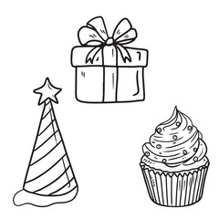 Vector happy birthday equipment for holiday celebration. Gift box with ribbon bow, striped paper hat star, beautiful cupcake with cheese cream. Hand drawn sketch illustration in doodle icon vintage