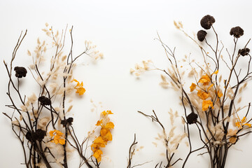 Dried flowers on white background. Flat lay, top view.