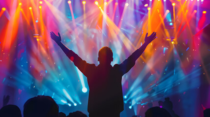 Silhouette of a man with raised hands at a music concert