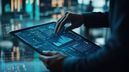 A businessman analyzing digital financial charts on a tablet, with graphical data overlay on white background, concept of market analysis transparent background