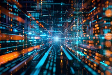 Fototapeta premium Two individuals standing on a bridge spanning a flowing river, The intersection of technology and finance in a modern trading environment
