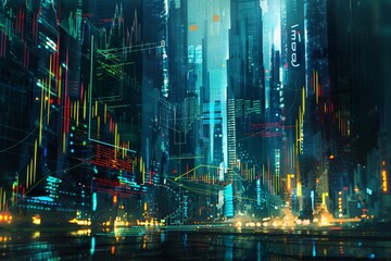 Fototapeta premium A painting depicting a tree with a twisted branch, The intersection of technology and finance in a modern trading environment