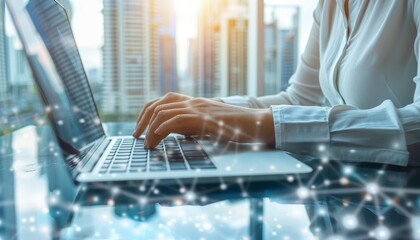 Urban rooftop cafe  person working on laptop with cityscape view, blank space for text