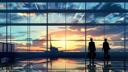Silhouettes passenger airport. Airline travel concept