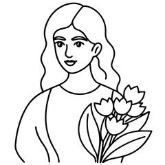 A woman is holding a bouquet of flowers. The flowers are white and pink. The woman has long hair and is smiling