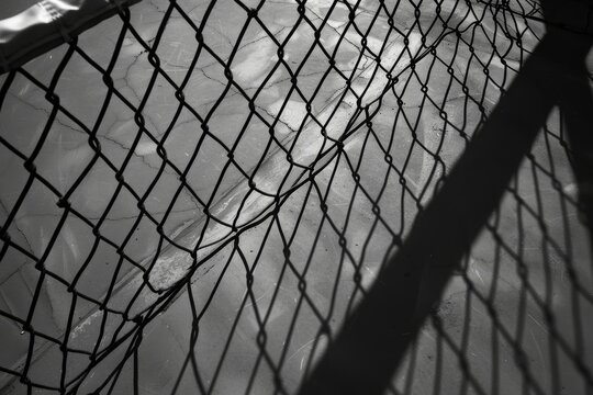 A man ascends a steep rock face using a rope for support, The intricate patterns of the net casting shadows on the court