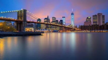 Naklejka premium Brooklyn Bridge and Manhattan skyline during twilight, city lights reflecting on water, concept of urban landscapes transparent background