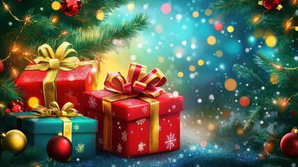 Christmas gift box under the tree. Colorful multicolored gift boxes. Merry Christmas and Happy New Year. Festive bright beautiful background.