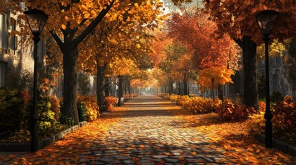 Fototapeta premium A long path with trees on both sides and a lot of leaves on the ground