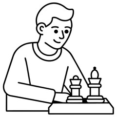 A man is playing chess. He is smiling and looking at the board. The chess pieces are arranged in a way that shows the man is in the middle of a game