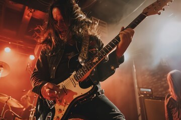 A group of men playing musical instruments including guitar, drums, and trumpet on a street, The lead guitarist shreds on his instrument, captivating the crowd with his skill