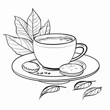 recommend clip art: a simple minimalist coloring page with a a plate and a cup with leaves and cookies on the side, minimalist, in black and white