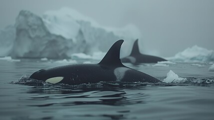Fototapeta premium Pod of orcas or killer whales swimming in formation through the Antarctic seas